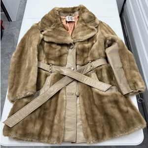 Vintage Faux Fur Leather Trim Belted Coat Made in England